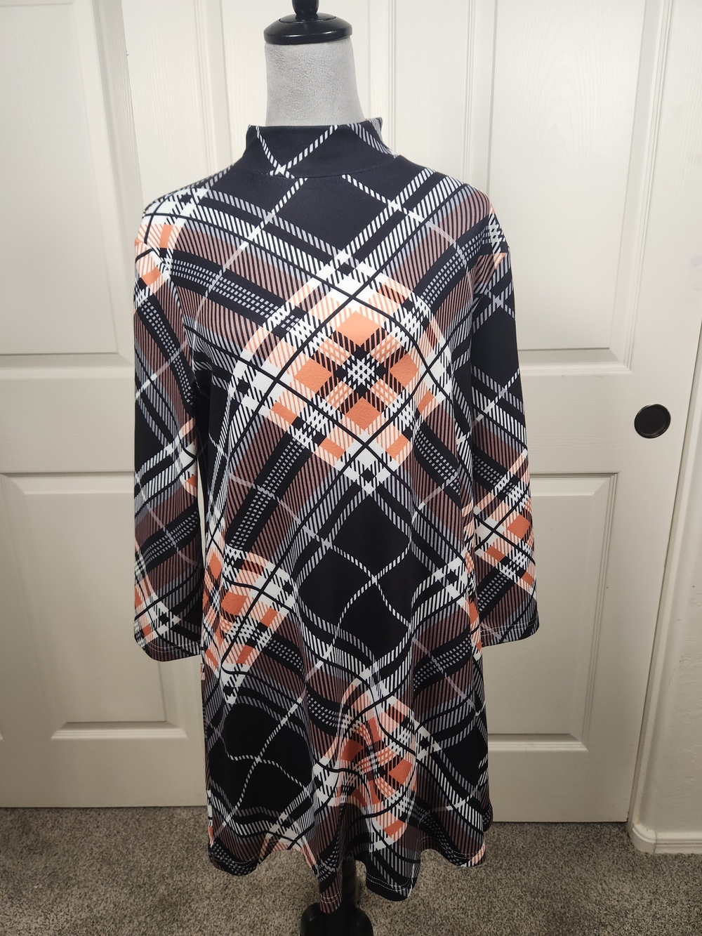 Navy Plaid A-Line Dress with Peach Accents